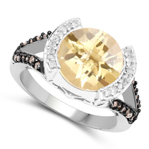 3.64 Carat Genuine Citrine, Champagne Diamond, and White Diamond .925 Sterling Silver Ring
