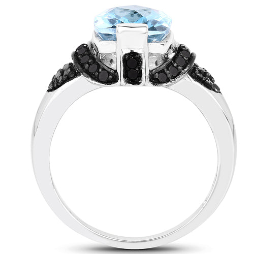 3.81 Carat Genuine Baby Swiss Blue Topaz, Black Diamond, and White Diamond .925 Sterling Silver Ring