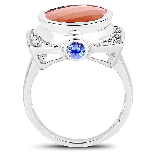 5.99 Carat Genuine Peach Moonstone, Tanzanite, and White Topaz .925 Sterling Silver Ring