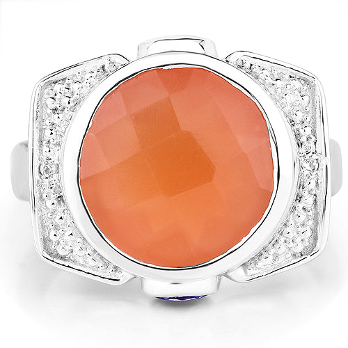 5.99 Carat Genuine Peach Moonstone, Tanzanite, and White Topaz .925 Sterling Silver Ring