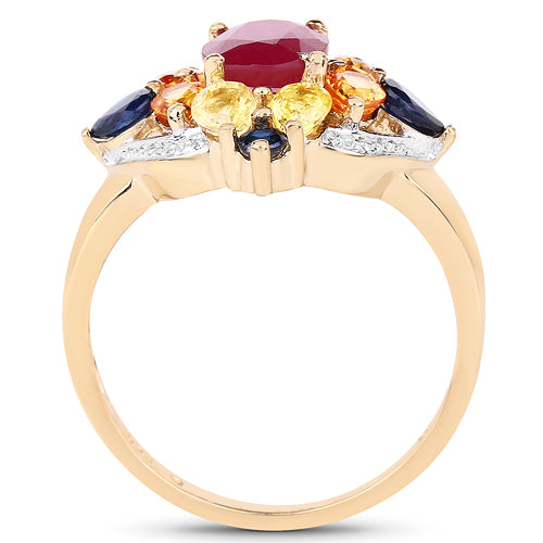Anillo de plata esterlina .925 con baño de oro amarillo de 14 quilates, con varias piedras genuinas de 3,76 quilates