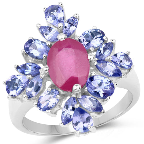 3.48 Carat Glass-Filled Ruby and Tanzanite .925 Sterling Silver Ring