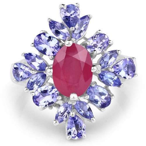 3.48 Carat Glass-Filled Ruby and Tanzanite .925 Sterling Silver Ring