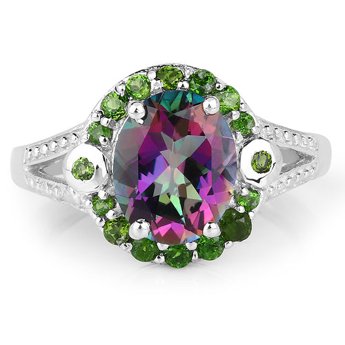 3.92 Carat Genuine Mystic Quartz & Chrome Diopside .925 Sterling Silver Ring