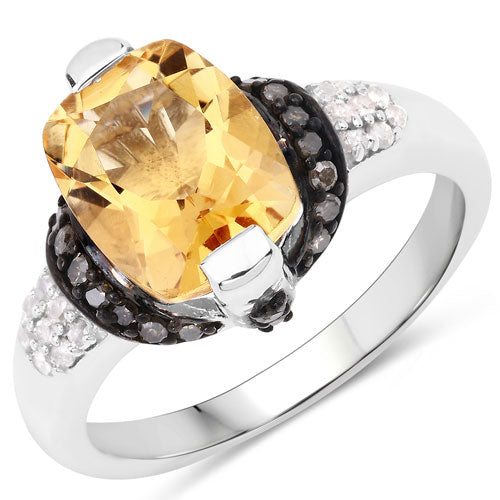 2.83 Carat Genuine Citrine, Champagne Diamond, and White Diamond .925 Sterling Silver Ring