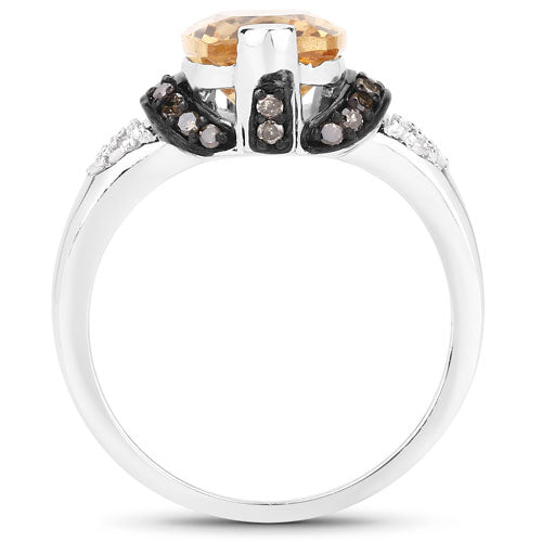 2.83 Carat Genuine Citrine, Champagne Diamond, and White Diamond .925 Sterling Silver Ring