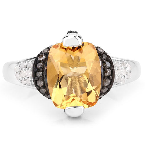 2.83 Carat Genuine Citrine, Champagne Diamond, and White Diamond .925 Sterling Silver Ring