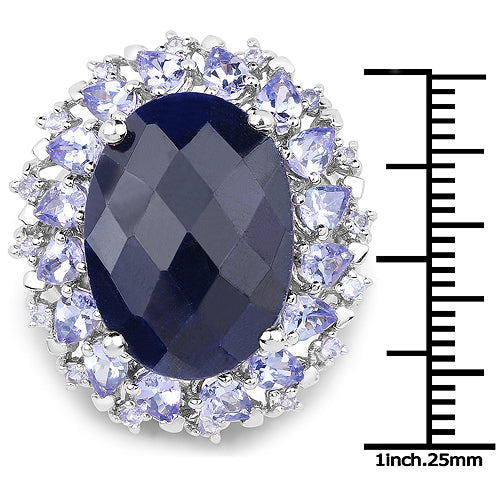 17.81 Carat Dyed Sapphire and Tanzanite .925 Sterling Silver Ring