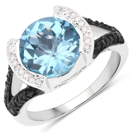 4.99 Carat Genuine Swiss Blue Topaz, White Diamond, and Black Diamond .925 Sterling Silver Ring