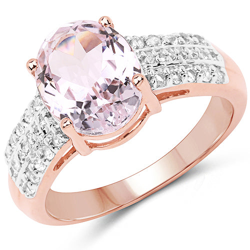 14K Rose Gold Plated 3.27 Carat Genuine Oval Kunzite and White Zircon .925 Sterling Silver Ring