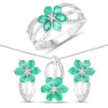3.61 Carat Genuine Emerald and White Topaz .925 Sterling Silver Set (Ring, Earrings, and Pendant)