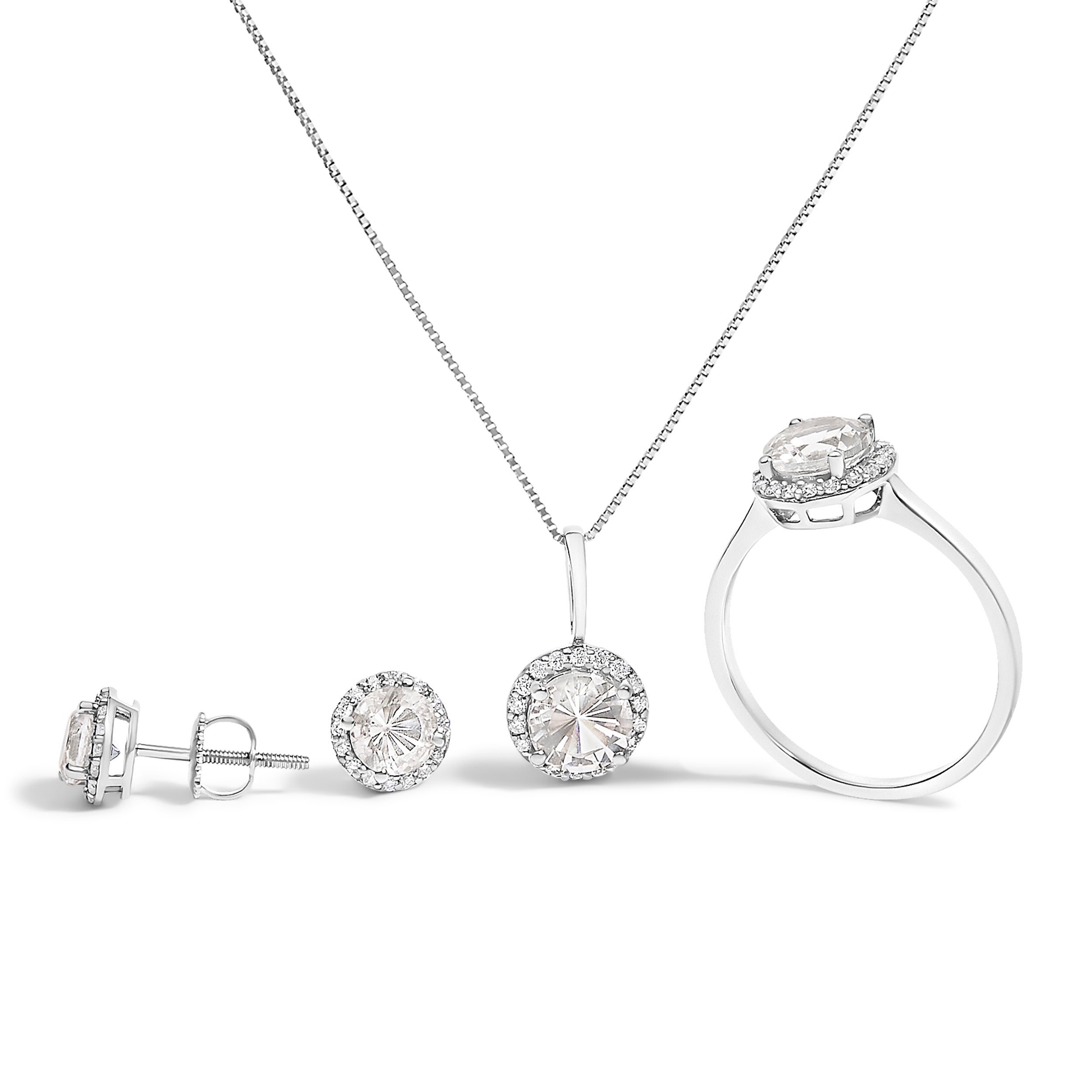 10K White Gold Purple Amethyst and 3/8 Cttw Diamond Halo Jewelry Set (Earrings, Pendant & Ring)
